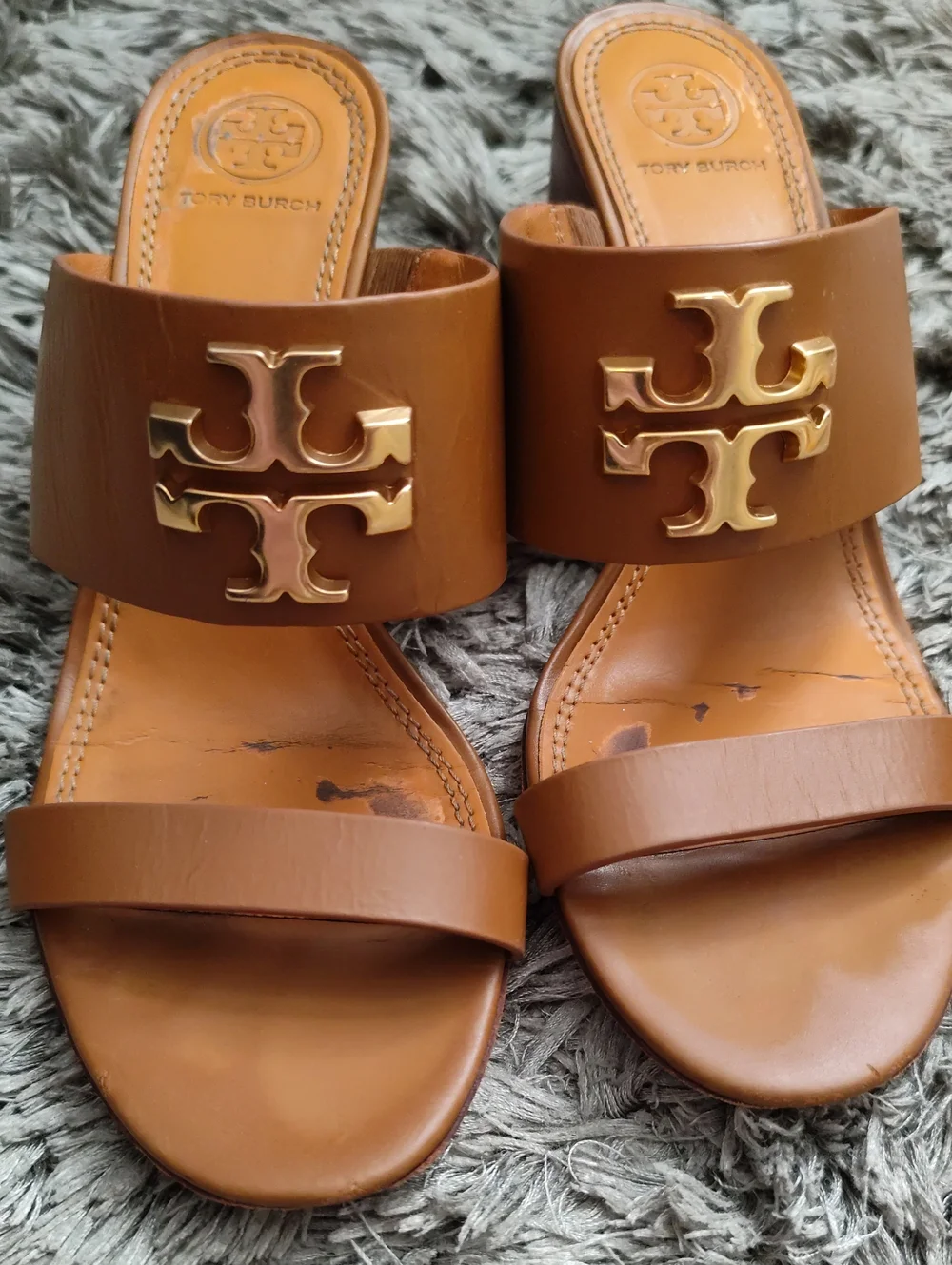 Tory Burch Brown Leather Slide Sandals with Gold Logo